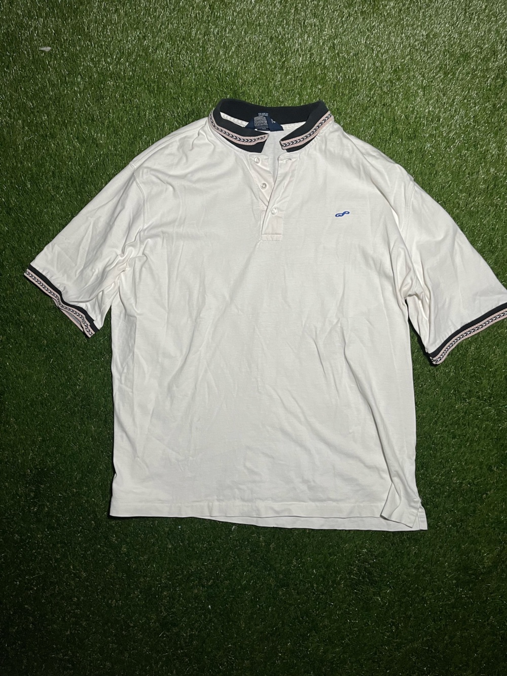 Vintage Lands' End White Polo with Navy Contrast Collar and Sleeve Trim Men’s XL